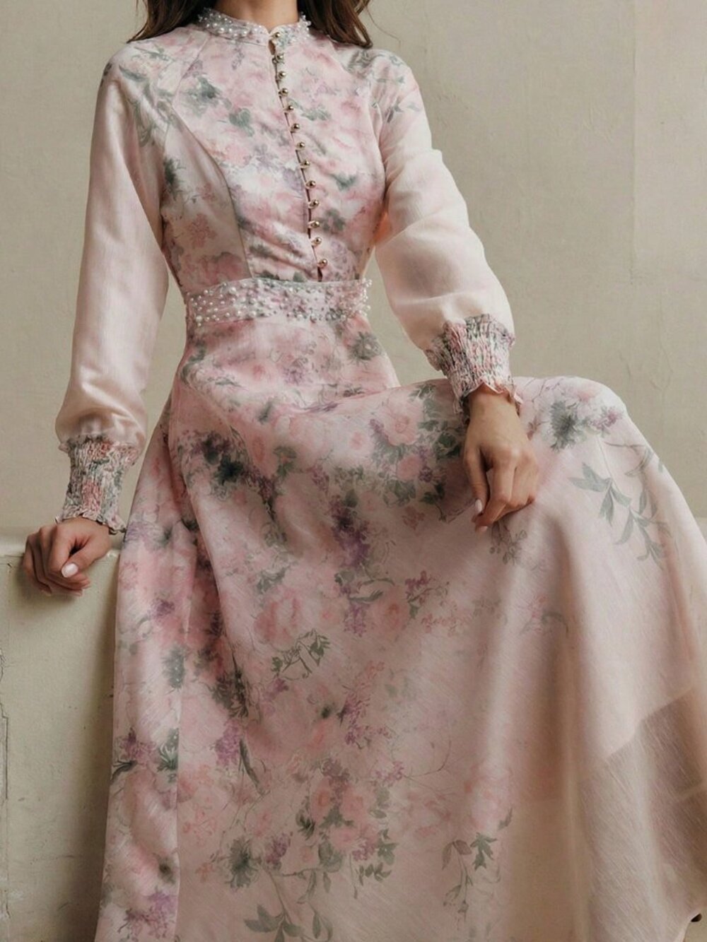 Pink Elegant Women's Floral Ombre Print Mandarin Collar Long Sleeve Dress - Picture 3 of 7